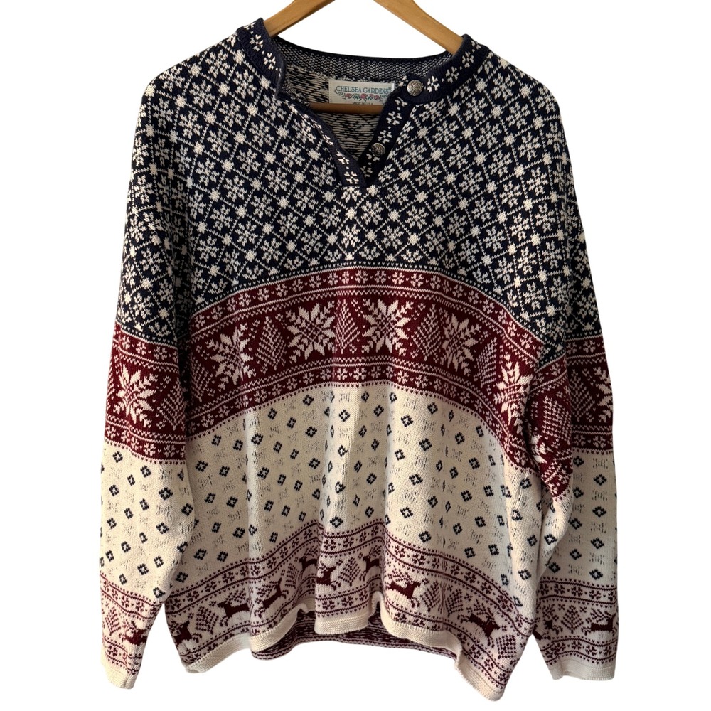 Chelsea Gardens Sweater Womens XL Navy Red Fair Isle Cotton Excellent Vintage
